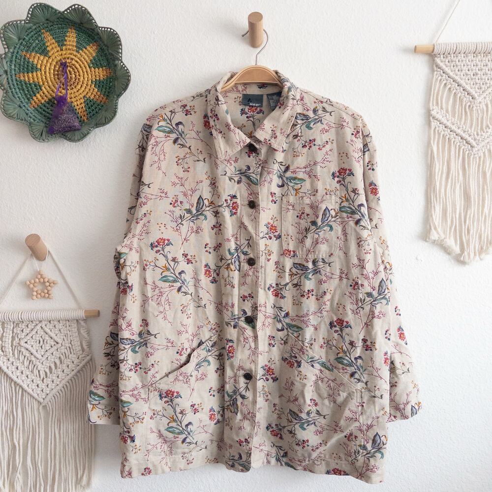 Liz Wear Beige Linen Blend Floral Shacket Jacket Size Medium